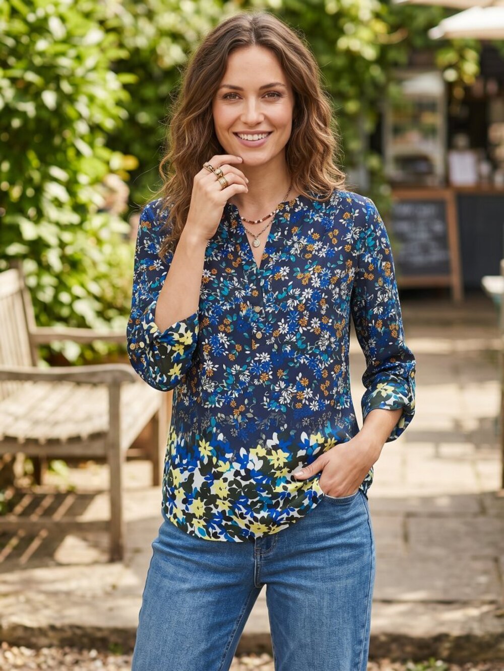 Investments PS Bold Floral Popover Top Blue Mix Print Boho Chic Office Art Y2K